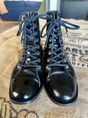 MAJE Black Polished Leather Lace-Up Women's Ankle Boots